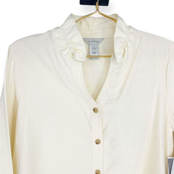Multiples Elegant Cream Button Front Tunic Top with Decorative‎ Sleeve Buttons - Picture 5 of 10